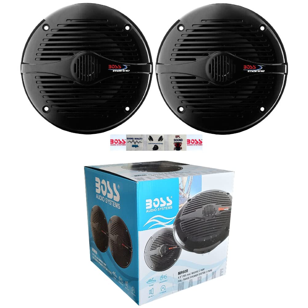 Kit Set para Boss Audio Systems MR60B 2 Altavoces Marinos 2 vías, 6,5" 16,5 cm 165 mm, 100 vatios rms 200 vatios máx, Negro, Resistente al Agua, mar, Barco, Hotel, por Pareja + 5 Pegatinas Gratis