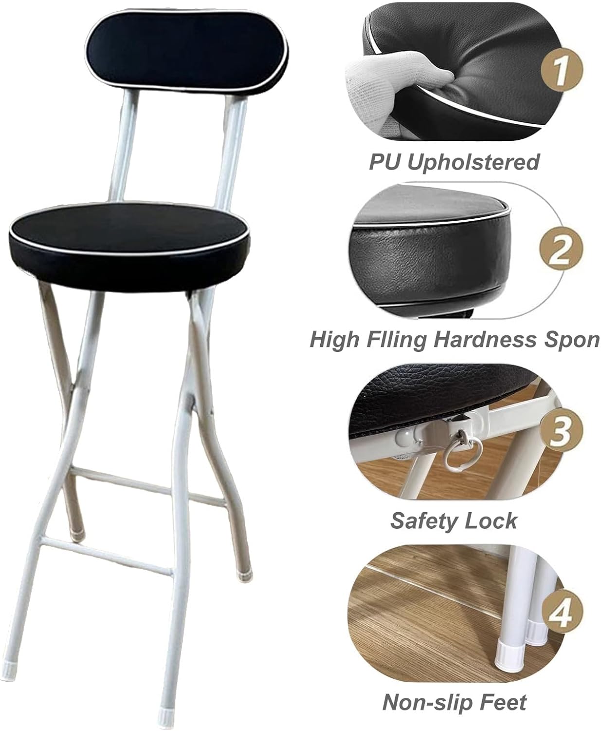 Folding Stool with Backrest, PU Padded Height Foldable Stool, Breakfast Kitchen Tall for Outdoor Camping Shop Cafe (Color : Black 2pcs, Size 55cm/22inch) (Black 1pcs 65cm/26inch)