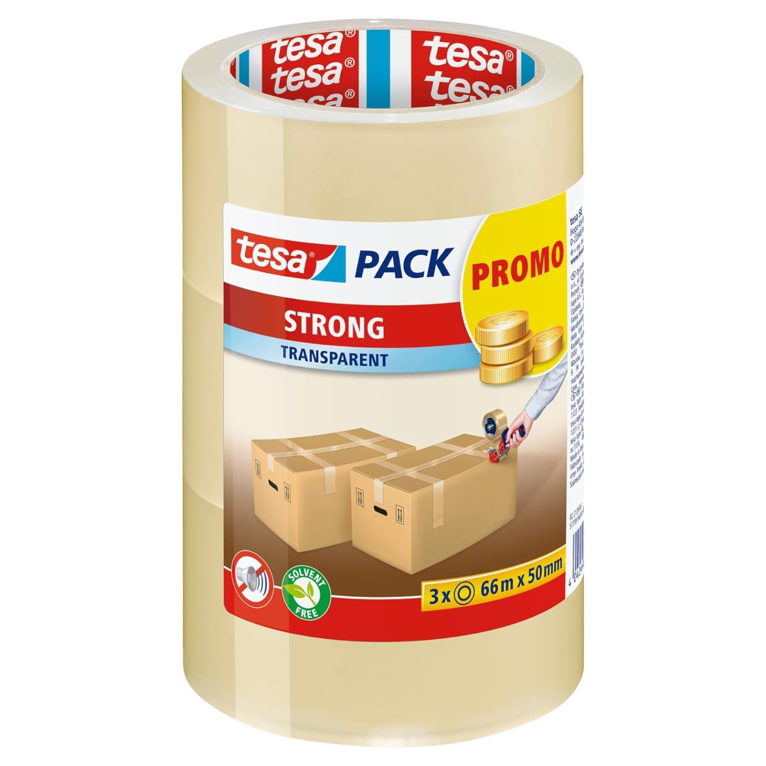 tesa tesapack Strong - Geräuscharmes Paketklebeband zum Verpacken von Paketen und Versandschachteln - transparent - 3 Rollen je 66 m: 50mm