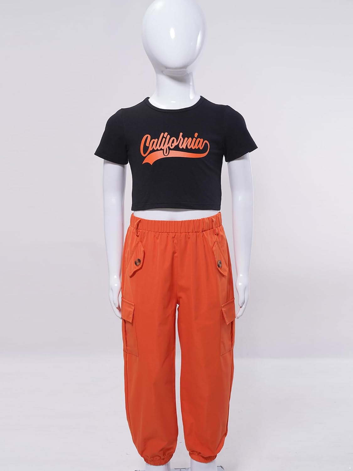 Hansber Kids Girls 2 Piece Sport Outfits Short Sleeve Crop Top and Cargo Pants Sets Running Workout Sportwear