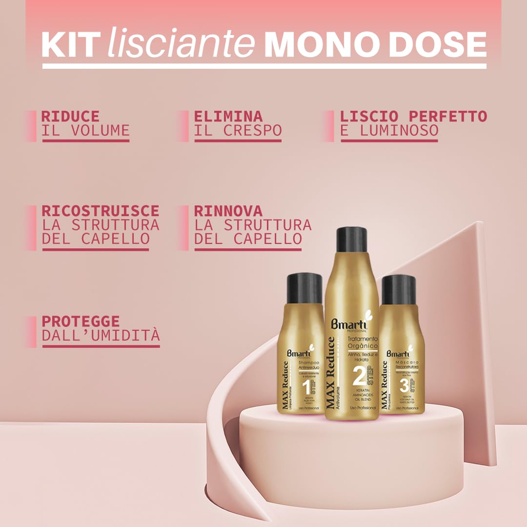 Max Reduce - Trattamento Lisciante Capelli Organico Professionale - Keratina, Anti-Crespo, Riduzione Volume e Liscio Perfetto - Kit Completo 3 Pz. (100+120+100 ml)