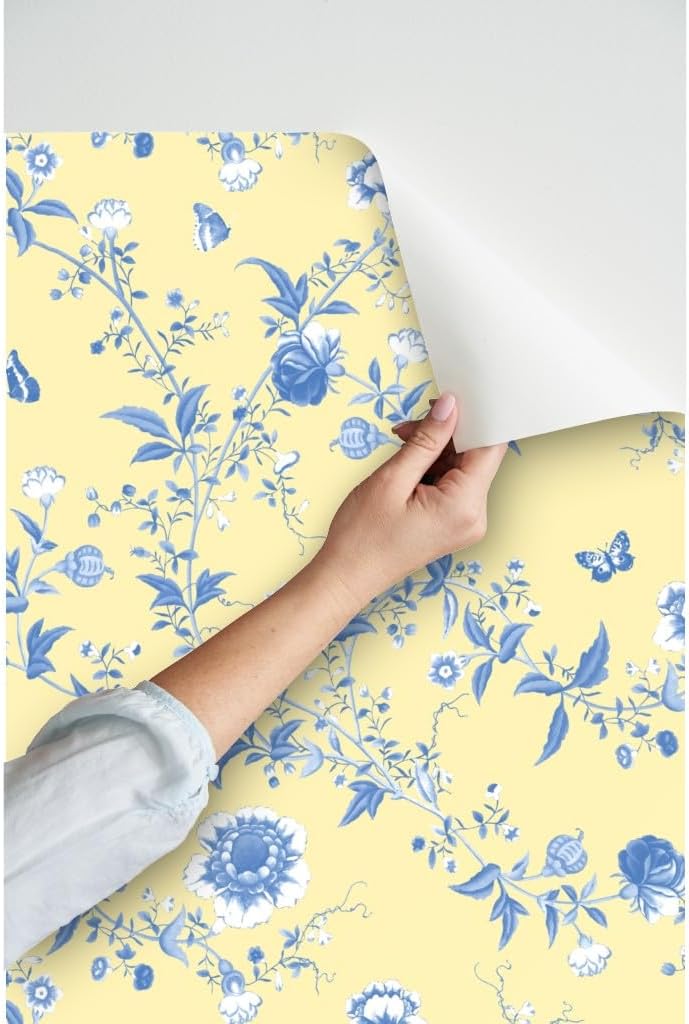 Peel & Stick Wallpaper 3ft x 2ft - Pale Yellow Chinoiserie Dowager Floral Pastel Blue Flowers Butterfly Custom Removable Wallpaper by Spoonflower