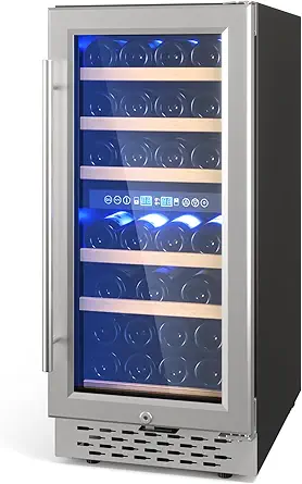 GarveeHome Dual Zone Freestanding Wine Fridge - 28 Bottle Capacity, 24" Built-in Wine Cooler Refrigerator with Safety Child Lock for Red, White, Champagne, or Sparkling Wine - Stainless Steel