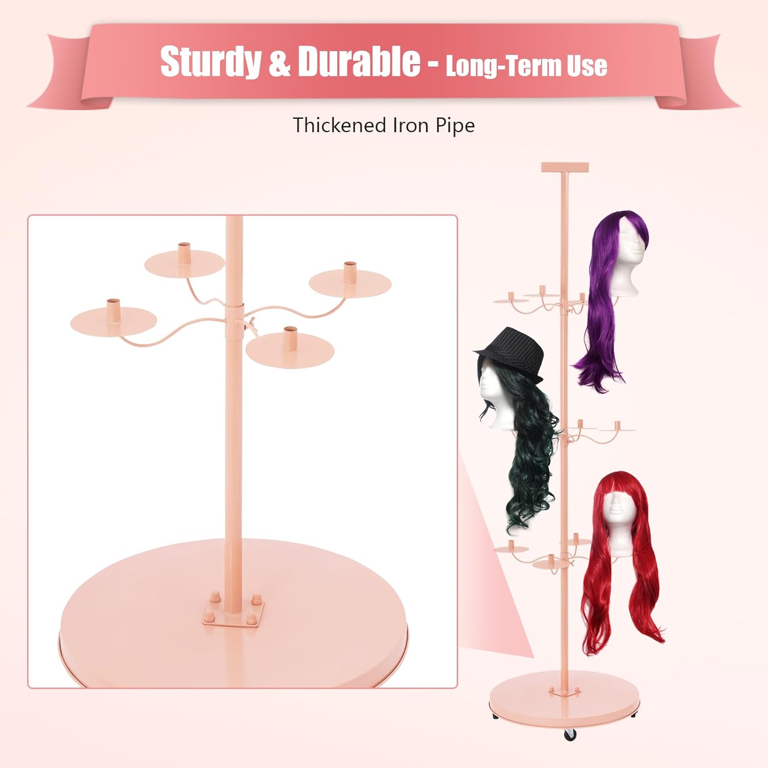 12-Head Holder, Wig Display& Storage Rack, Rotate 360° Wig Stand, for Multiple Wigs Display Mannequin Head with Wheels Metal Wig Organizer Storage Rack, Round base Pink