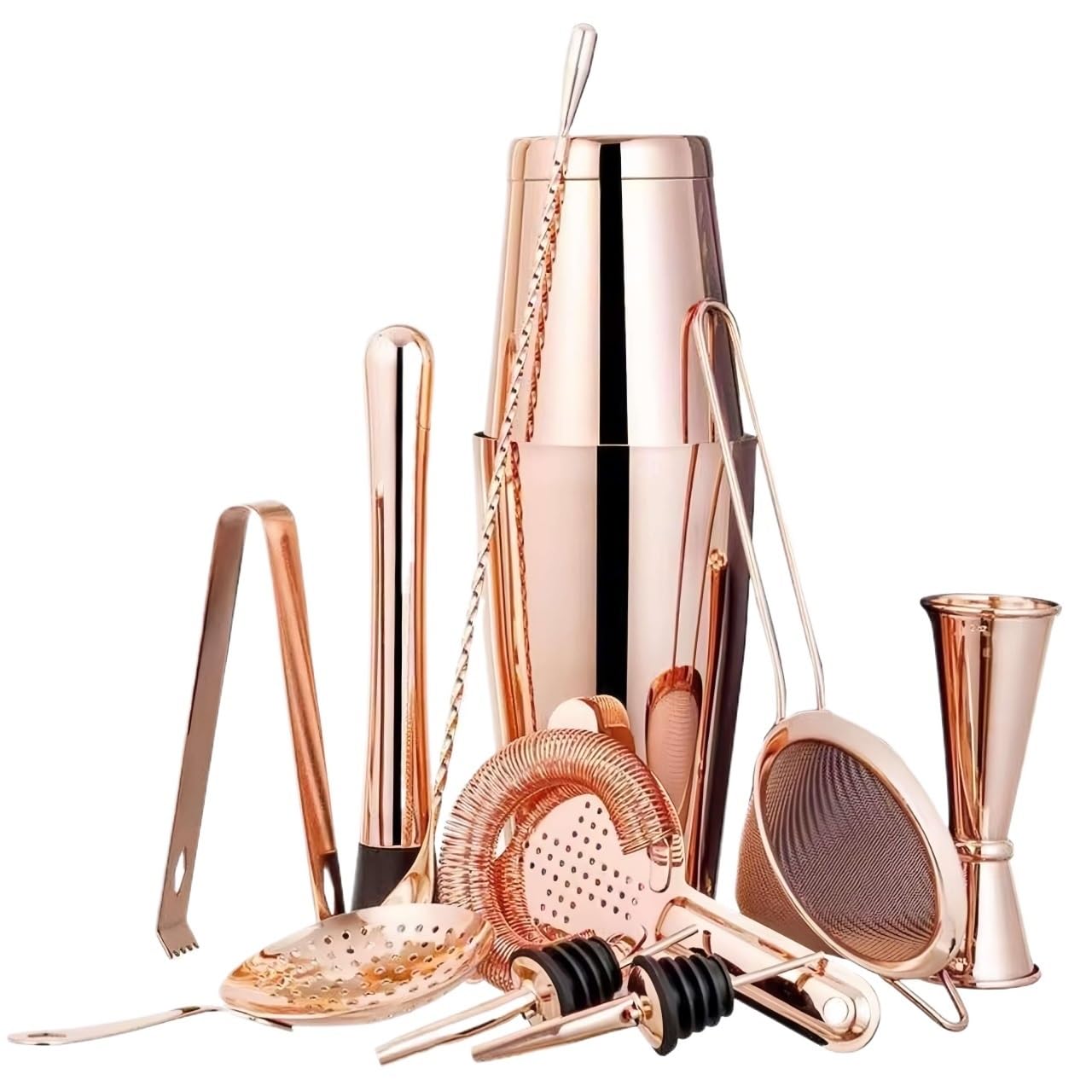 Shaker à Cocktail en INOX, Ensemble De Shakers Colorés Électrolytiques en Acier Inoxydable, À Cocktail, Accessoires for Le Vin, Cuillère Absinthe(11 Set Rose Gold)
