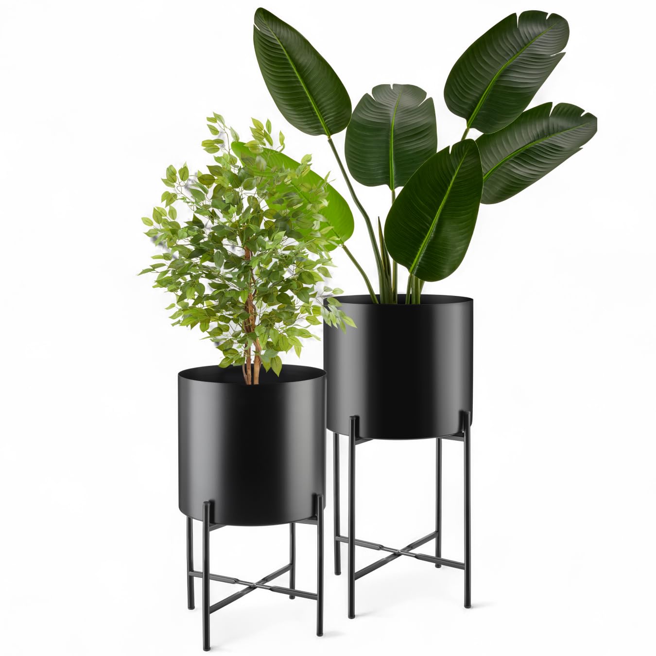 tectake® Maceteros Decorativos Interior, Maceteros Grandes Exterior, Decoracion Hogar, Macetero Alto, Soporte Plantas Interior, Acero con Revestimiento en Polvo - Set de 2 Negro