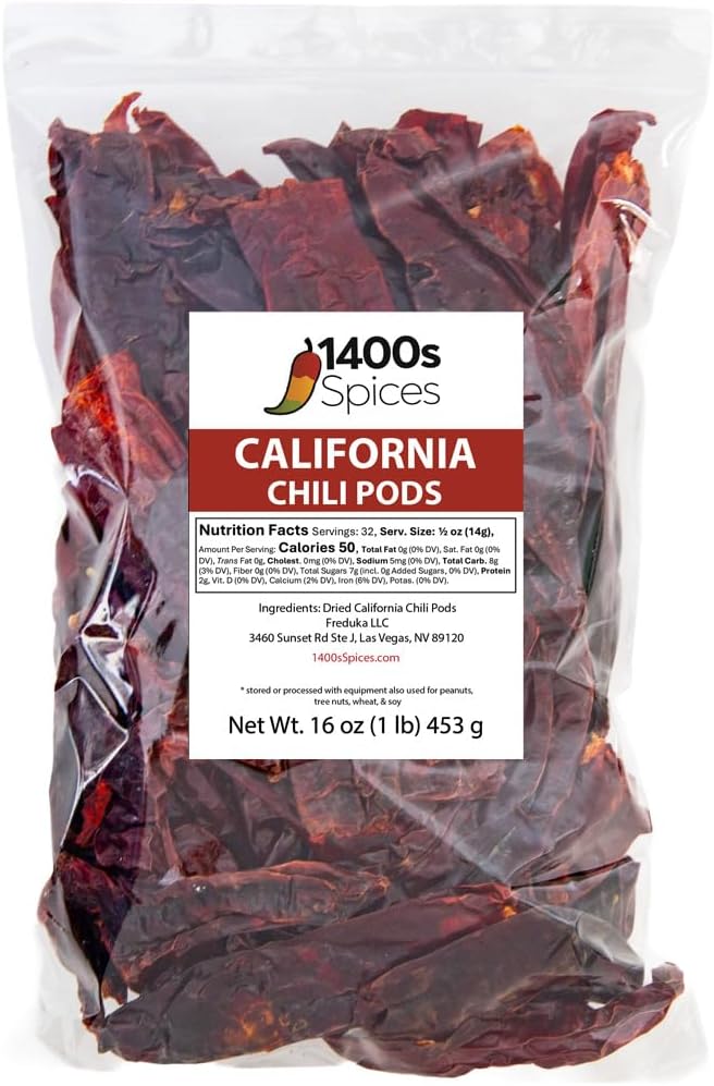 1lb California Dried Whole Chilies Peppers, Anaheim Chile Seco Pods for Authentic Mexican Food, Heat-Sealed Resealable Bag by 1400s Spices