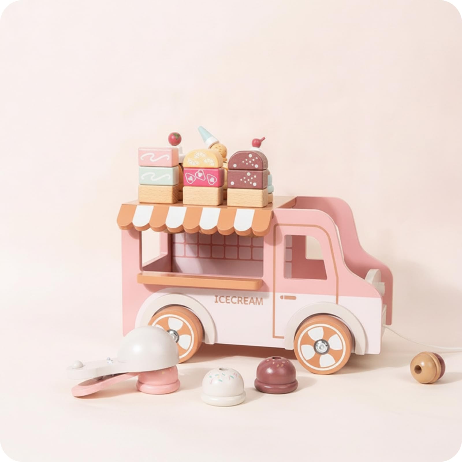 Carrito de Postres de Madera Juguete Camión Infantil Vehículo de Juego Cuerda para Tirar Bola de Madera Toldo a Rayas Helados Impresos Adecuado para