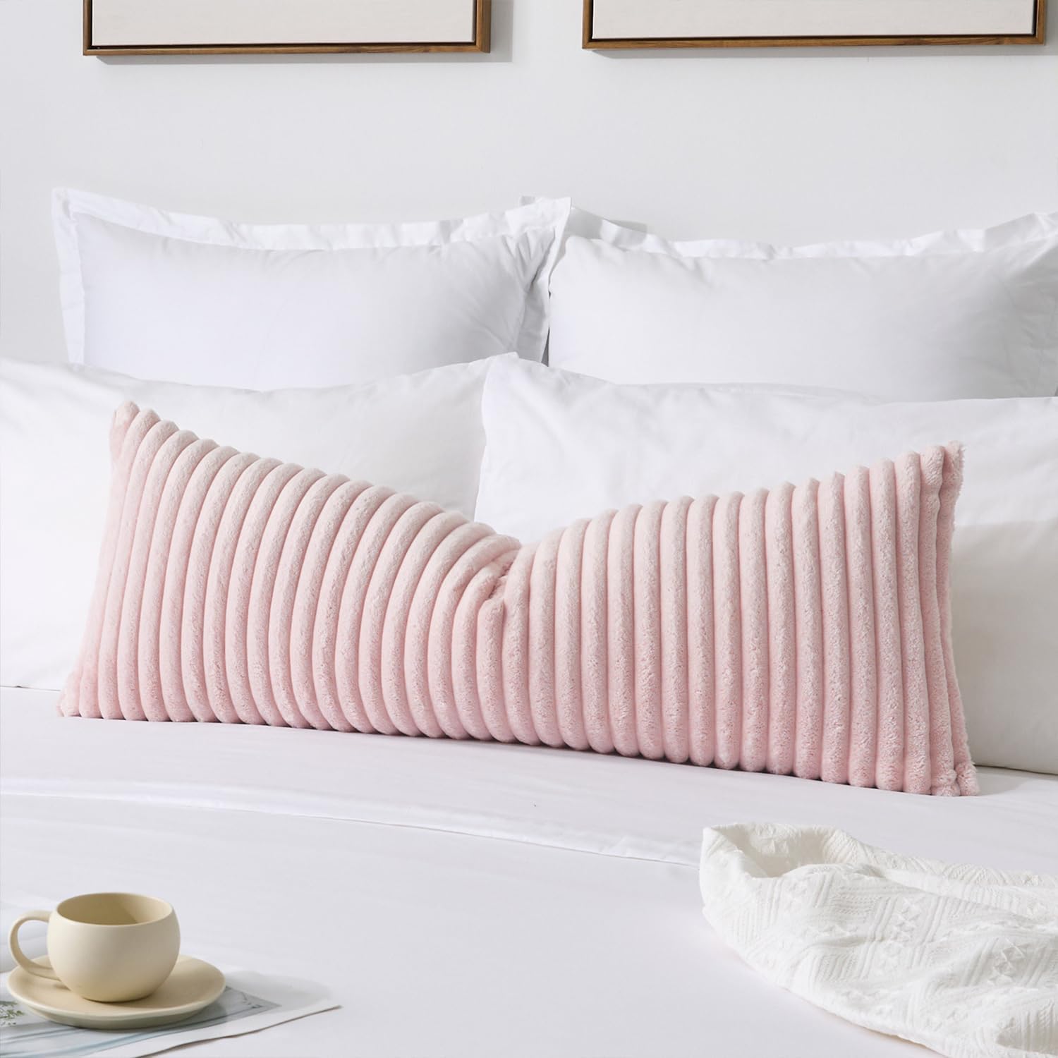 Kevin Textile Valentines Soft Plush 14x36 Inch Long Lumbar Pillow Cover 1 Pack, Luxury Fluffy Faux Fur Striped Rectangle Body Cushion Case for Girls Gift Couch Sofa Chair Bed Home Decor, Light Pink