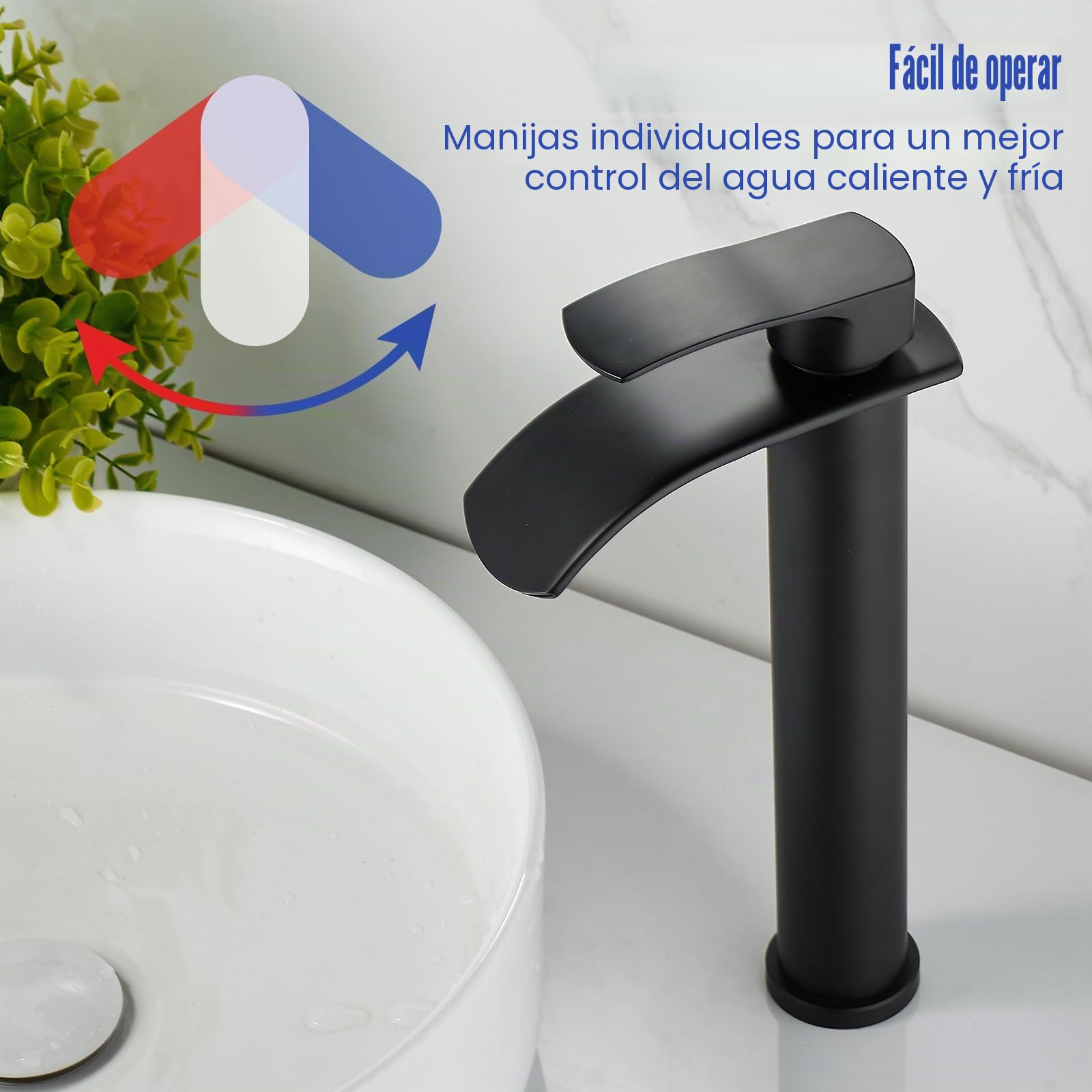 Grifo de lavabo de baño en cascada, grifo de baño alto negro, manija única, con desagüe de metal y tubo de alimentación de agua, orificio único, adecuado para barcos.