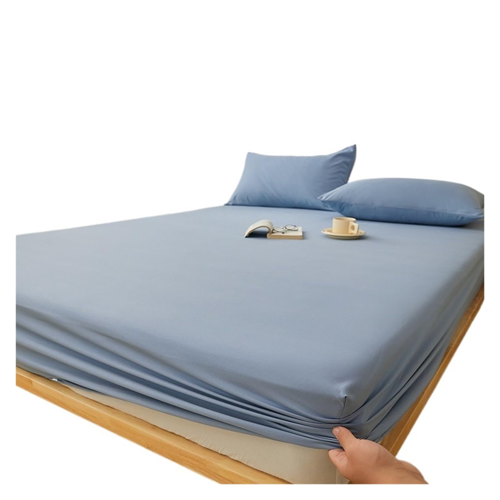 Housse de matelas réglable coton lavé bleu pour grand lit King Size fini les plis inconfortables