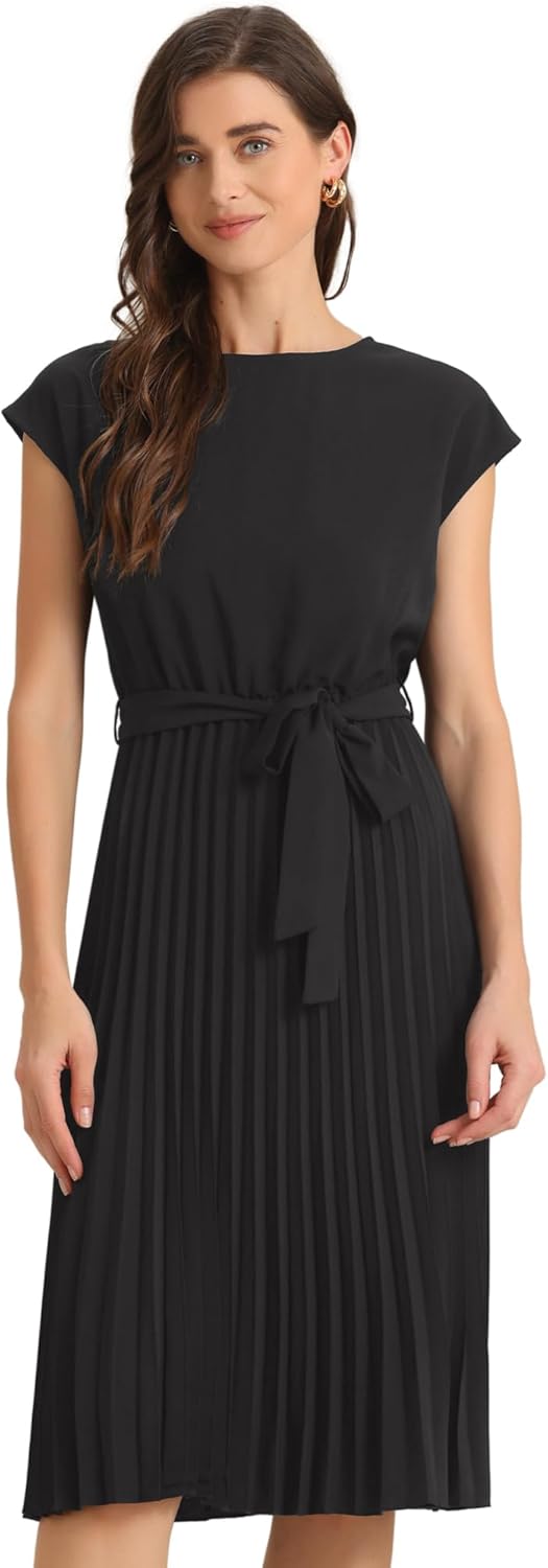 Allegra K Women's Pleated Dress Crew Neck Cap Sleeve Tie Waist A-Line Dresses