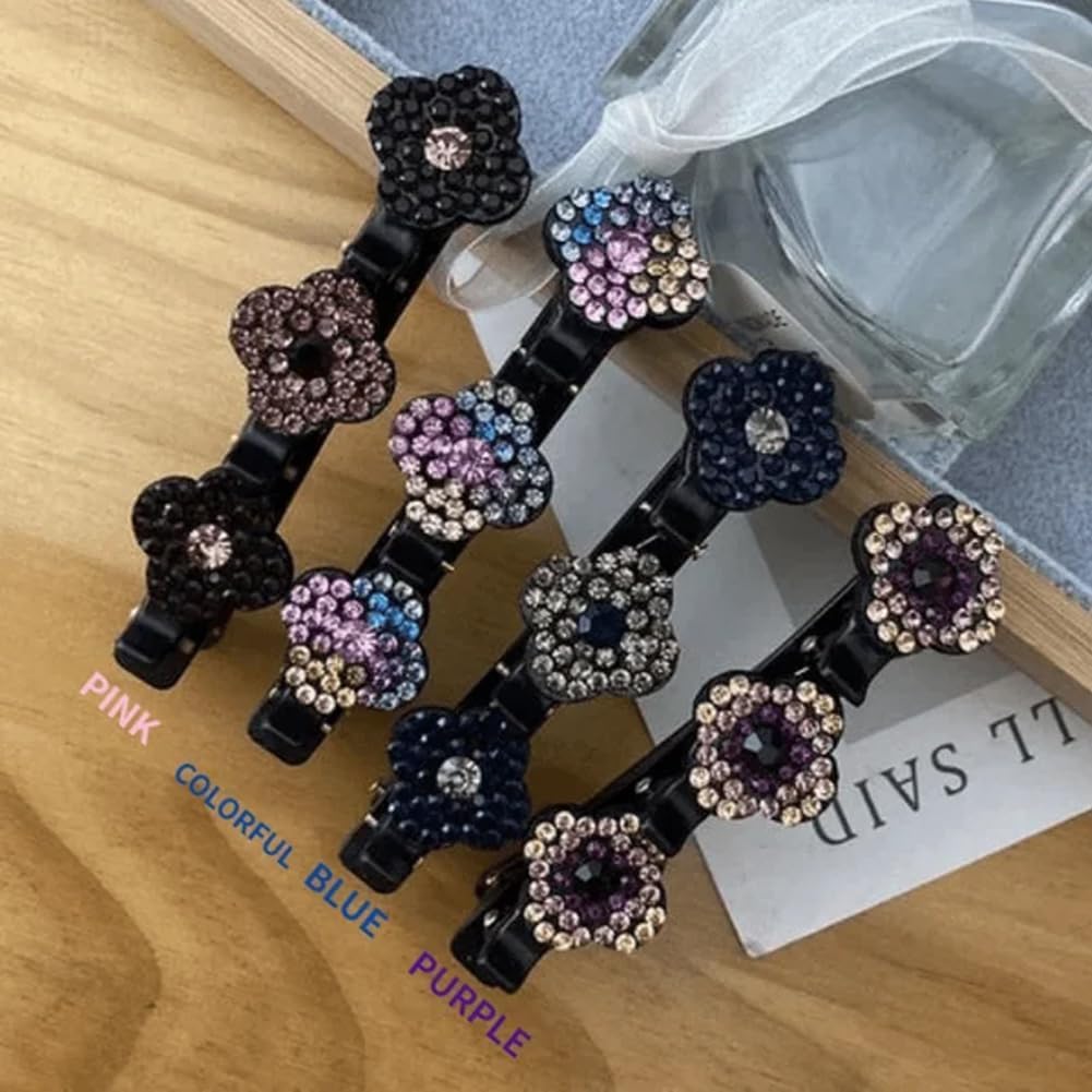 Newnewlooks Sparkling Crystal Stone Braided Hair Clips, 4pcs Rsvelte Triple Braided Hair Clips with 3 Small Clips for women, Small Rhinestone Hair Braid Clips (E)