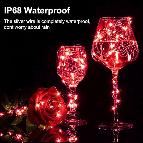 Miniatura 3 de echosari Paquete de 2 guirnaldas de luces rojas que funcionan con pilas, 200 luces LED de 66 pies, alambre plateado, con temporizador automático, 8
