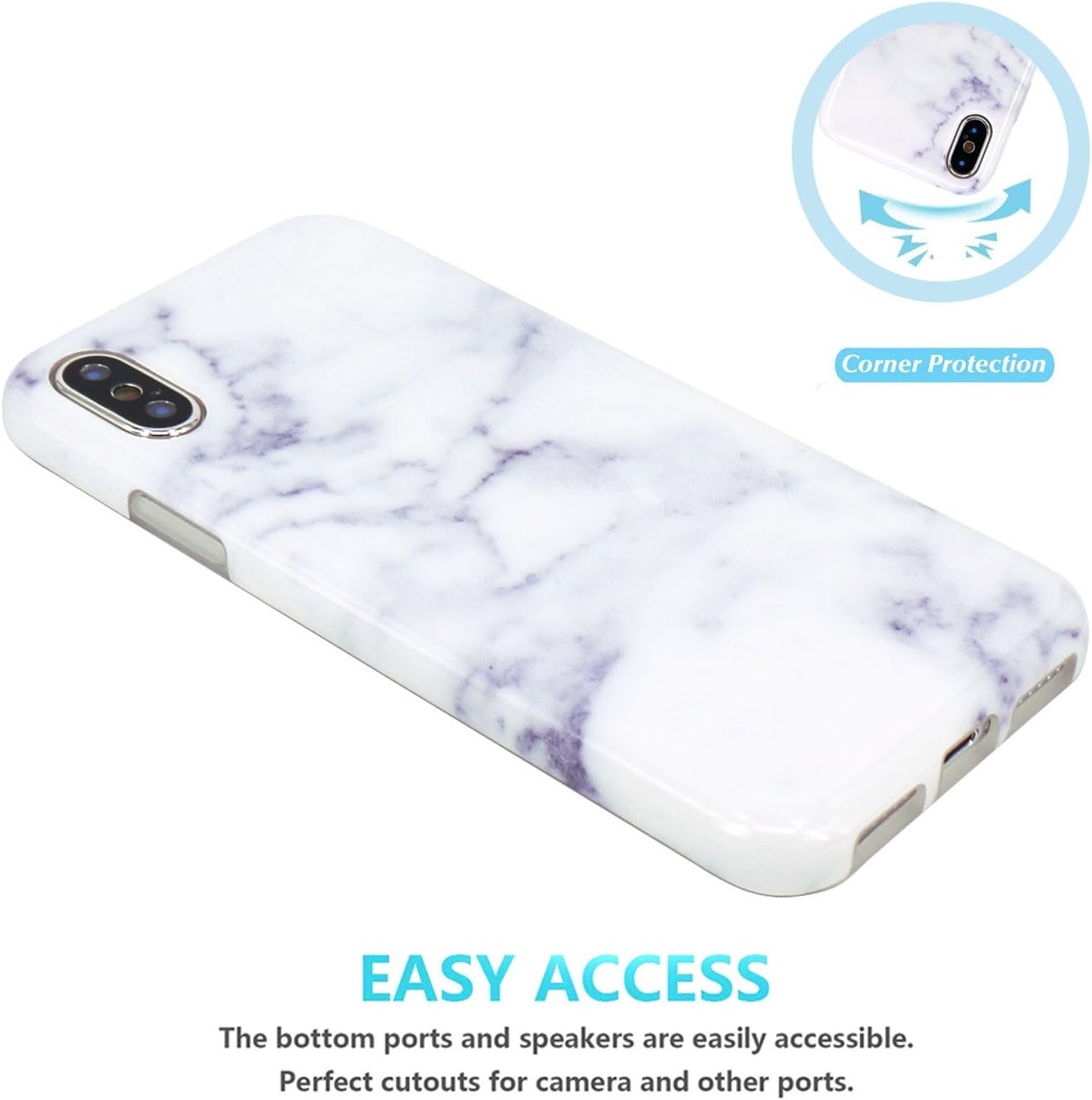 JAHOLAN iPhone X Case iPhone Xs Case Purple White Marble Design Clear Bumper Glossy TPU Soft Rubber Silicone Cover Phone Case for iPhone X iPhone Xs