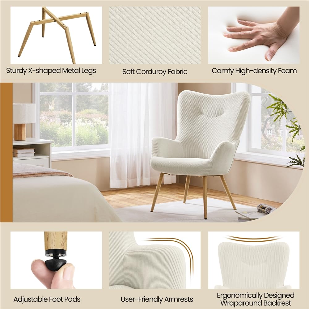 Yaheetech Ohrensessel eleganter Armsessel aus Cordstoff mit Klappbarer Rückenlehne Sessel bis belastbar Sessel fürs Wohnzimmer/Schlafzimmer Beige – Bild 5