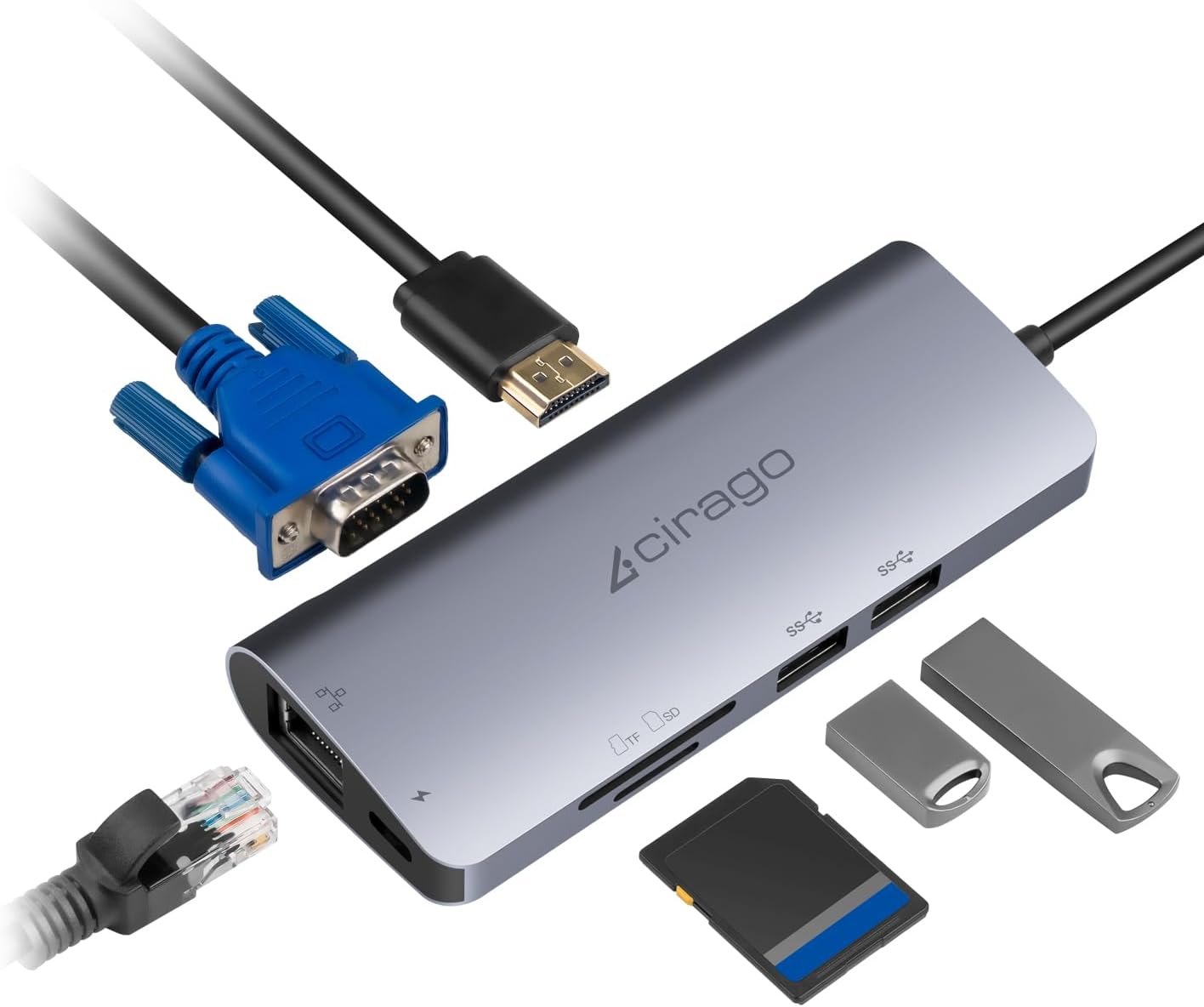 CIRAGO USB C Hub 9 in 1 Multiport Adapter | 4K HDMI, VGA & Audio, Ethernet, SD/TF Card Reader, 2 USB 3.0 Port, PD 60W Fast Charging Port