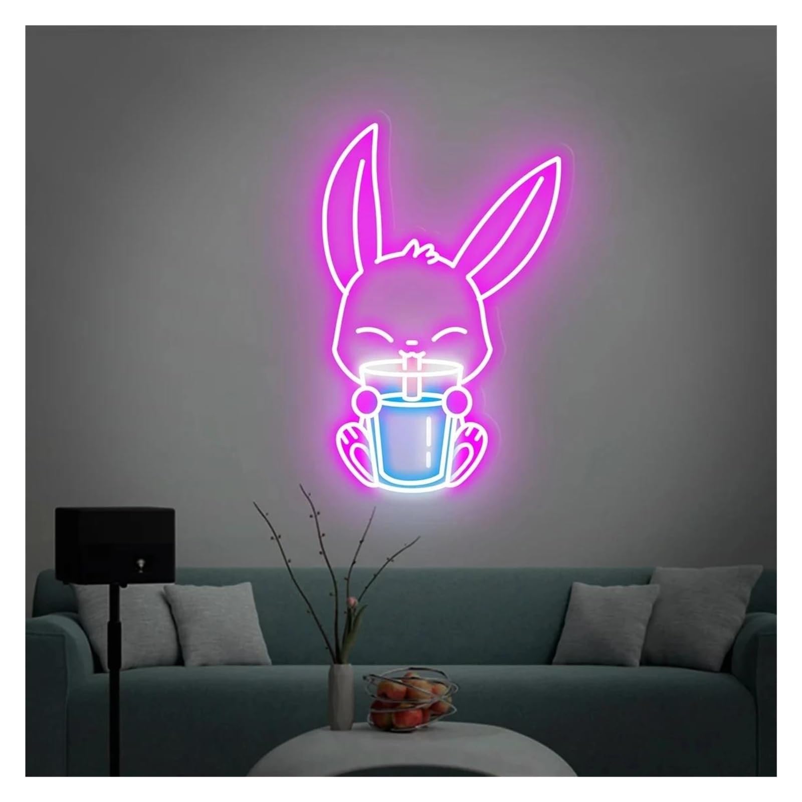 LEMST Signs Lamp Rabbit Drinking Milk Tea Neon Signs USB Powered Adjustable Brightness Bunny Neon Lights, Suitable for Wall Decor(F,55cm)