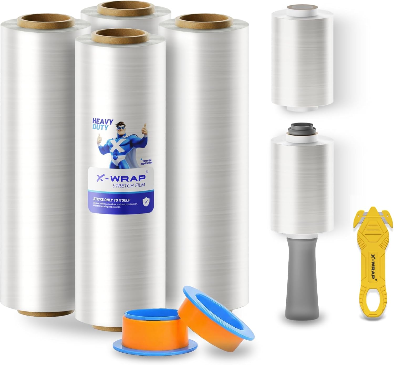 X-Wrap PRO 500 Stretch Wrap with Rotating Handles, 15 Inch x 500 Ft 70 Gauge, 4 Rolls, Bonus 4 Inch Mini Rolls & Safety Cutter, Industrial Strength Film for Moving, Furniture, Luggage