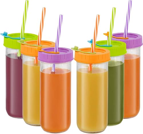 Glass Drinking Bottle Travel Drinking Jars 6 Pack, 16oz Mason Jars Regular Mouth Beverage Bottle wz Airtight Lids &Straws, Reusable Water Bottle Skinny Tumbler for Juice/Smoothies,/Kombucha/Tea/Milk