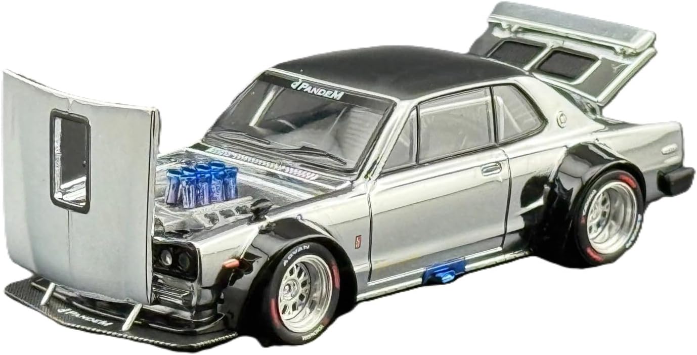 1:64 Diecast Model Car Compatible with Nissan Skyline GT-R V8 Drift (Hakosuka) Silver Chrome Hong Kong Toy Car Salon 2025 Limited Edition by Pop Race PR640330