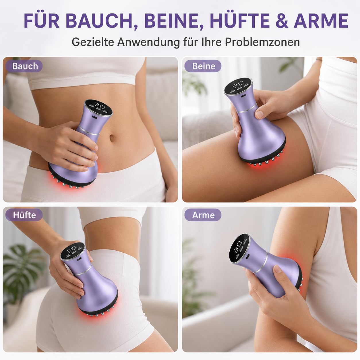 4-in-1 Lymphatic Massagegerät & Anti Cellulite Massagegerät Elektrisch mit 30 EMS-Stufen, Rotlicht, Wärme & Vibration, Handgehaltenes Cellulite Gerät für Bauch, Taille, Rücken, Arme & Beine