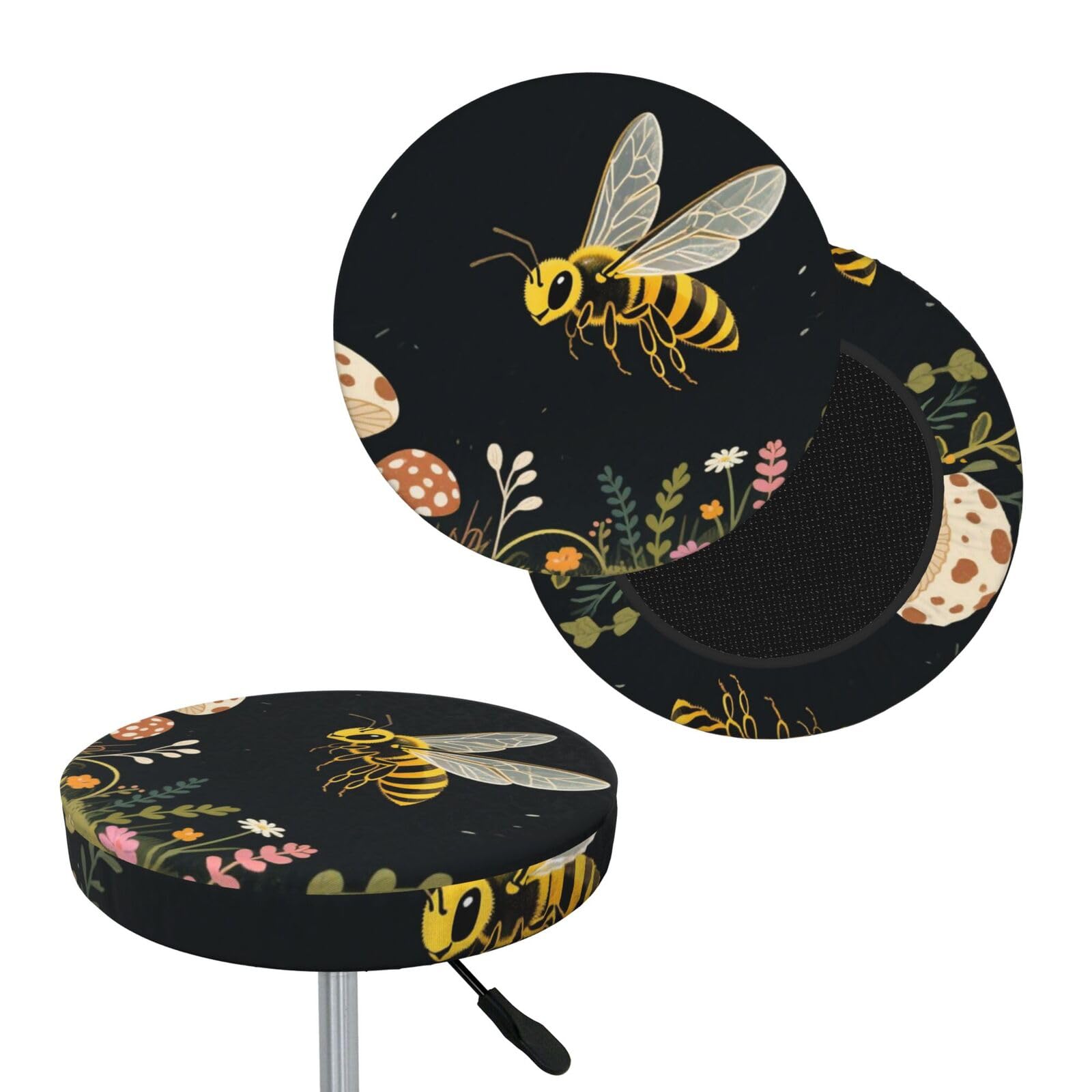 FekiLoot Bee Retro Beautiful Mushroom Round Bar Stool Covers Stretch Washable Bar Stool Covers Dustproof Slipcover Bar Chair Covers with Elastic Band for Bar Kitchen Living Room Decor 14 Inch