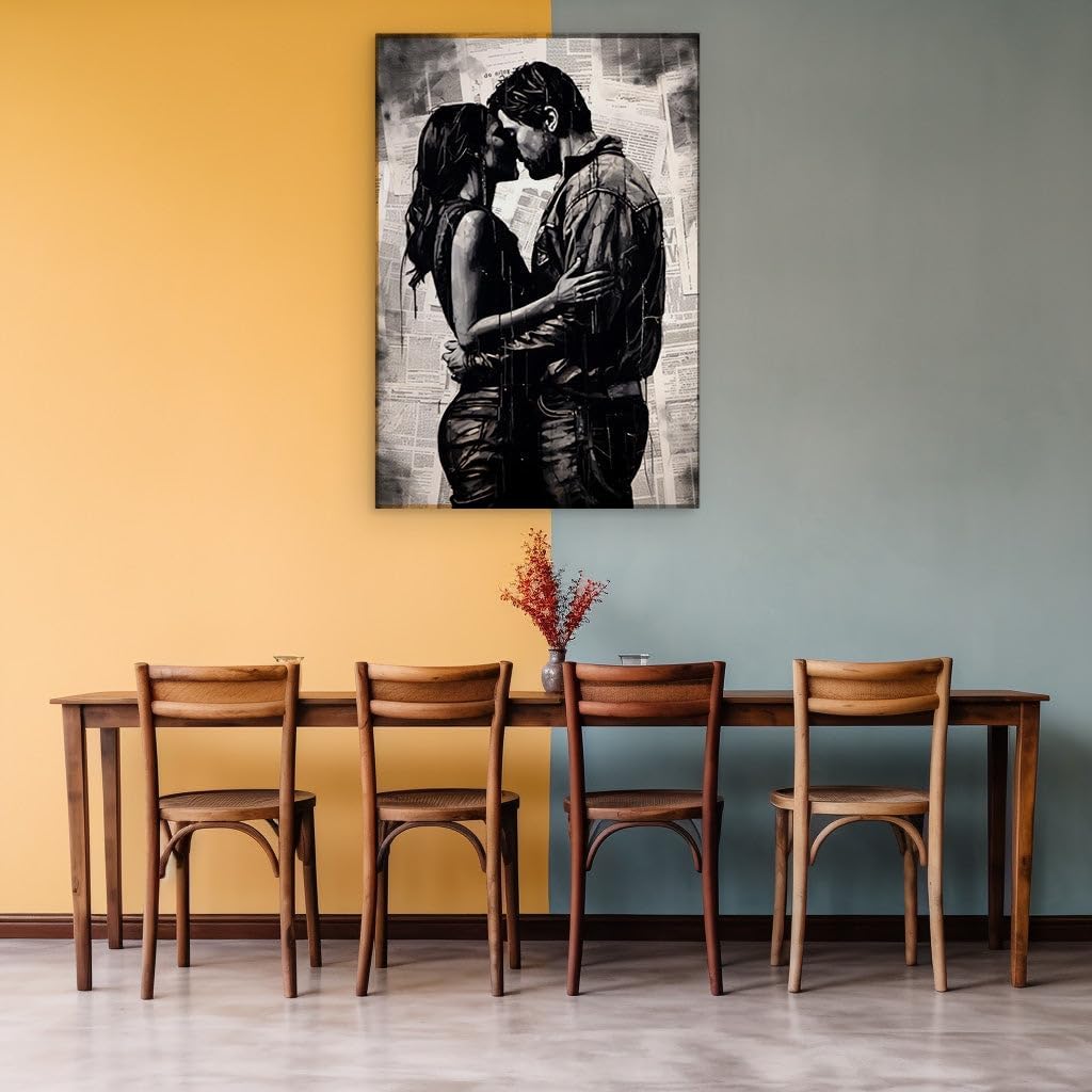Canvas for Living room. Embraced in Newsprint: A Monochromatic Ode to Intimacy, 27 x 18 inch Canvas Wall Art - Contemporary Masterpieces - Modern Home Decor - 69x46 cm (27x18 inch)