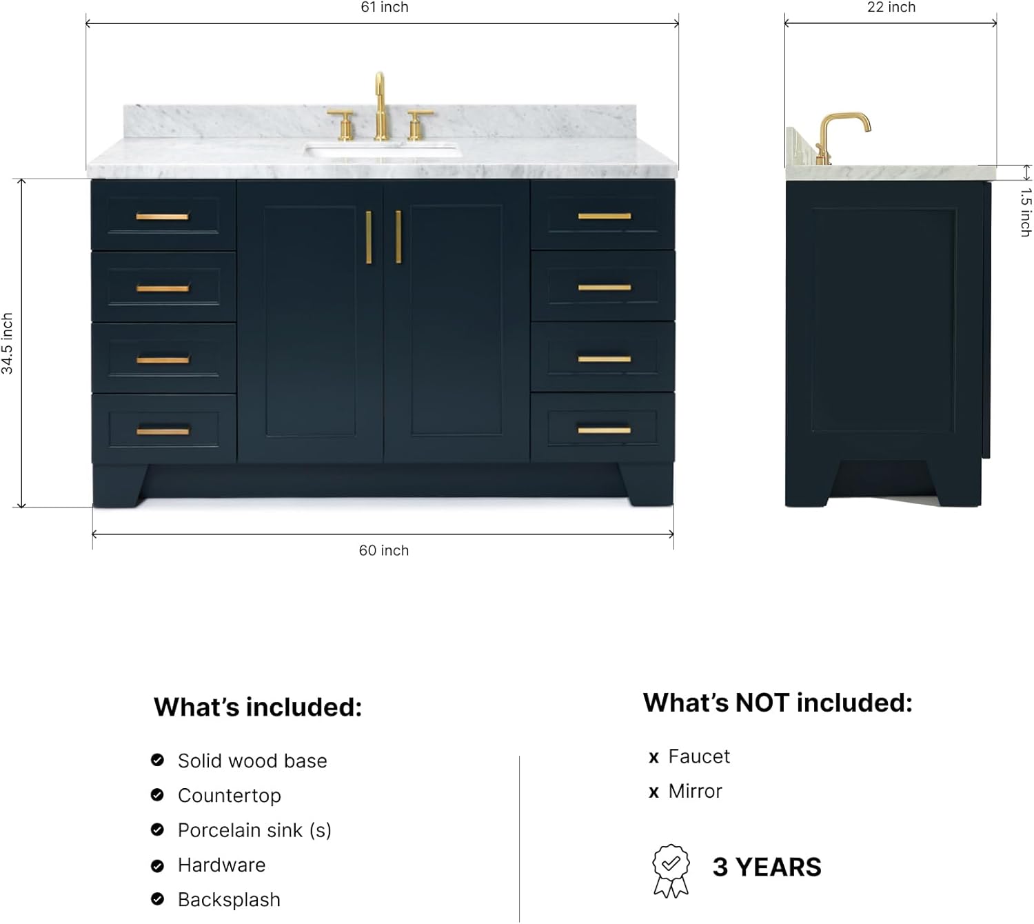 DKB Emilia 60 Inch Bathroom Vanity Single Sink — Midnight Blue Bathroom Vanity with Sink, 1.5" Edge Italian Carrara Marble Countertop, Solid Wood, 2 Soft-Close Doors, 9 Dovetail Drawers
