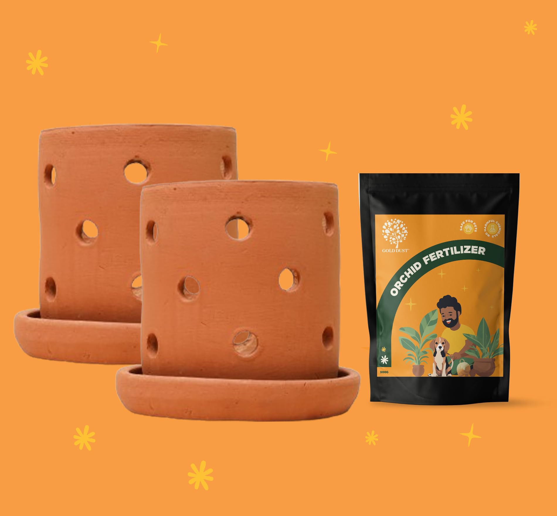 GOLD DUST Orchid Pots (Pack of 2) with 900gm Orchid Fertilizer, Perfect Combo for Healthy & Vibrant Orchids