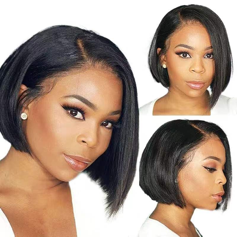 woojfcang Short Black Wigs for Women Black Bob Wig No Fringe,14 Inch Side Part Glueless Wig