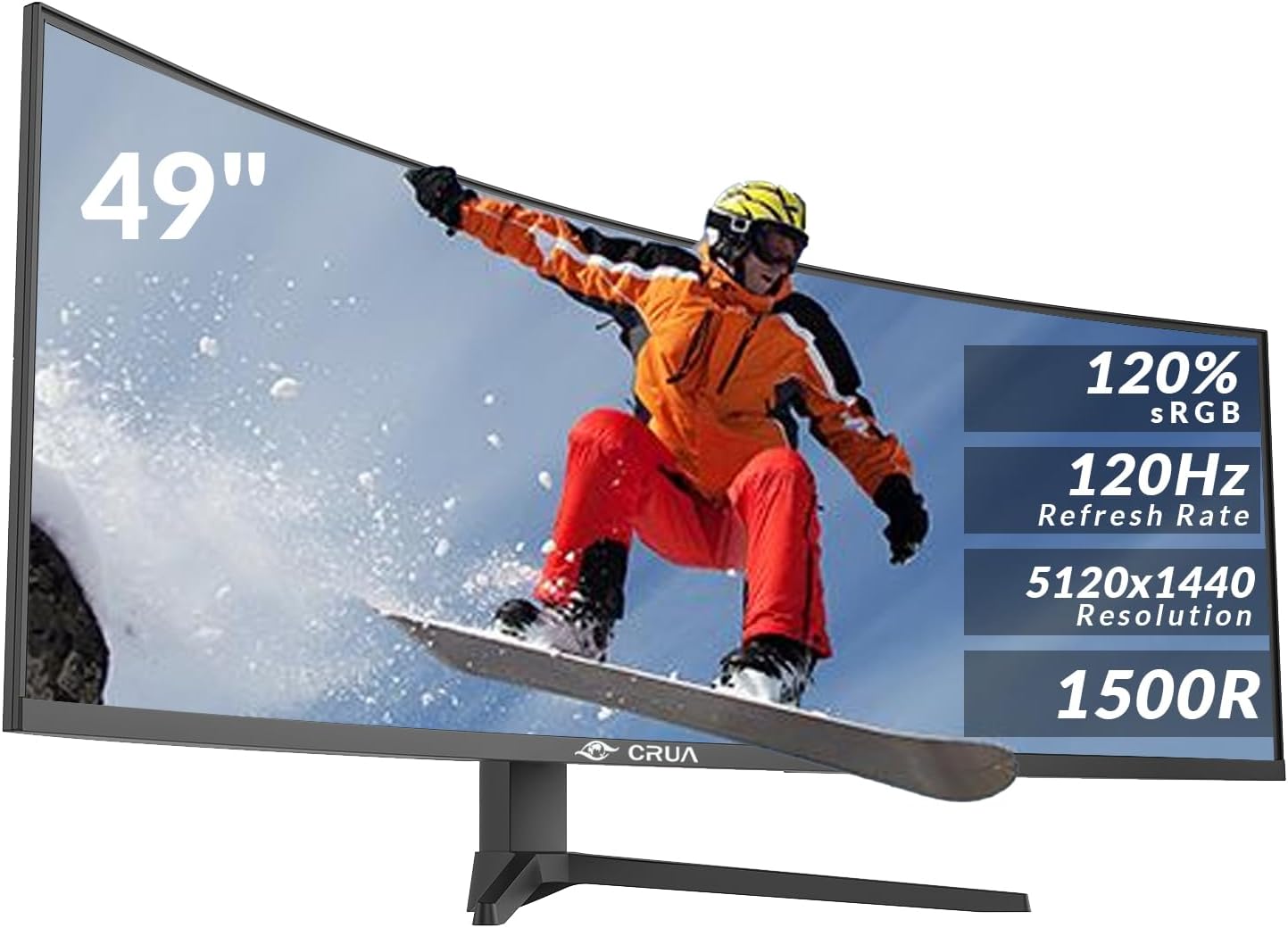 CRUA 49 Inch Curved Gaming Monitor, DQHD 5120 x 1440, 120Hz, 1500R, 32:9 UltraWide, AMD FreeSync, 120% sRGB, Height Adjustable, HDMI 2.1 & DP 1.4, Black: image 1 of 8