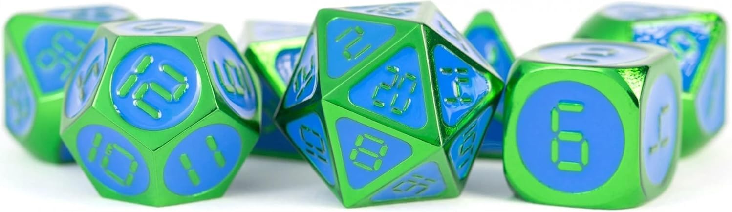 16mm Digital Metal Dice Set - Green w/ Blue Enamel (7)