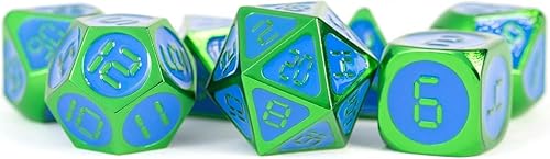 Miniatura 8 de FanRoll - Juego de dados poliédricos de metal de 0.630 in: verde con esmalte azul, dados de juego de rol para Calabozos y Dragones