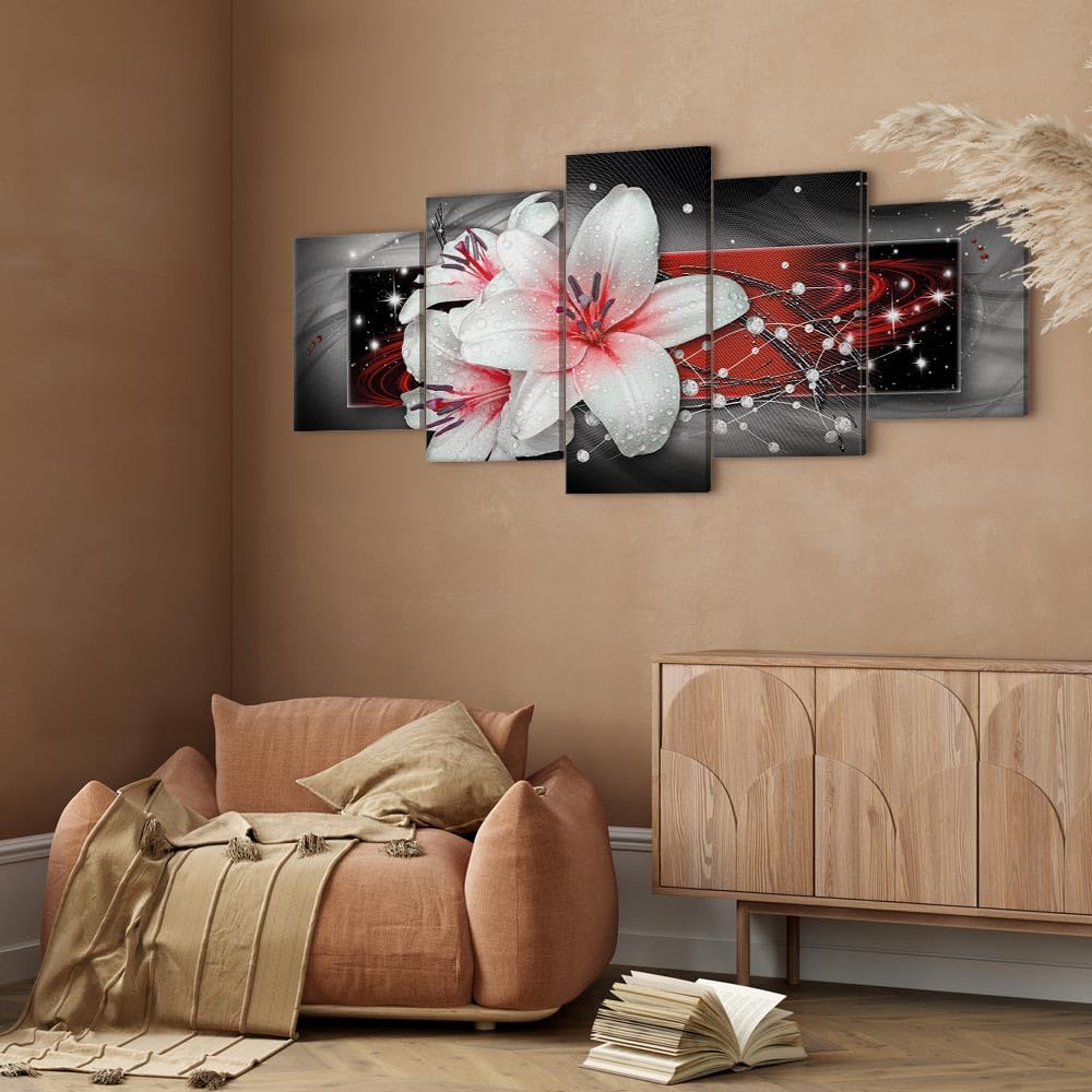 murando Cuadro en lienzo Flores 225x112 cm 5 partes impresión en material tejido no tejido cuadro de pared impresión artística fotografía decoración- Lirios Abstracto Perlas rojo gris b-A-0616-b-m