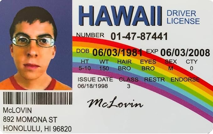 Superbad McLovin Dual Sided Novelty Fake Driving Licence McLovin ID