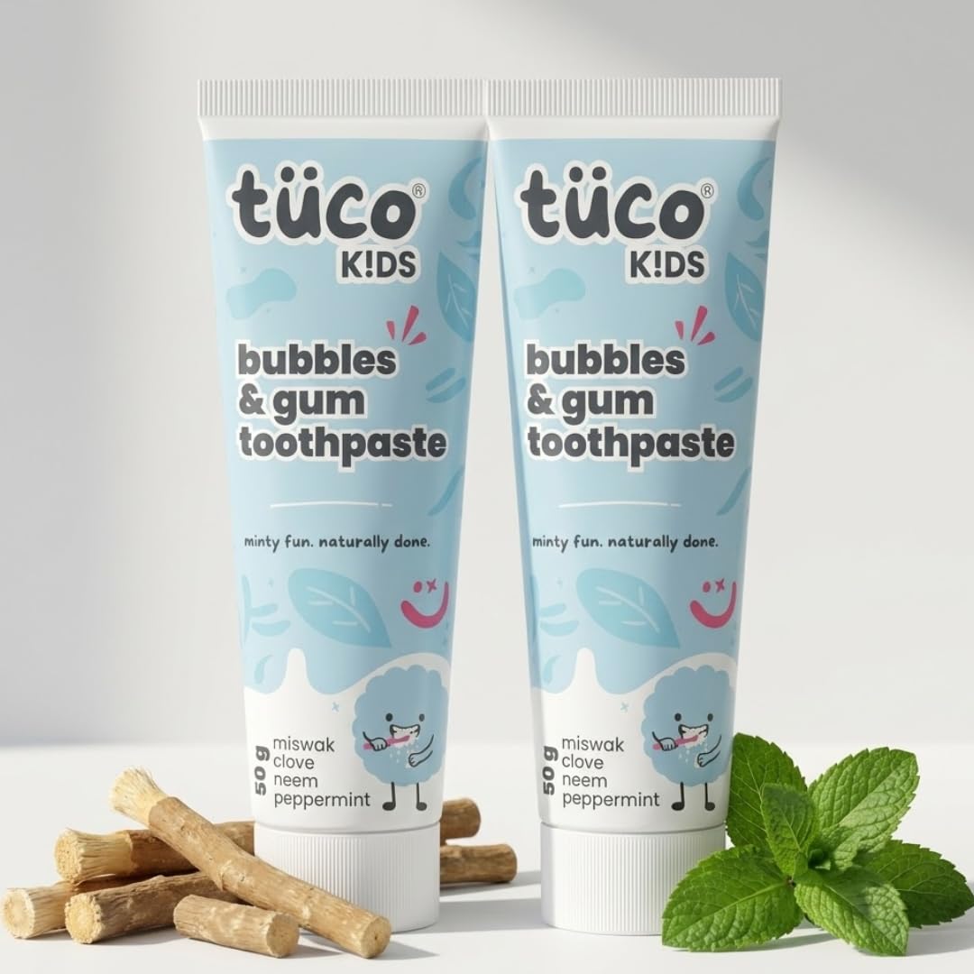 Tuco® Kids Bubbles & Gum Anticavity Toothpaste | Peppermint Flavour | Fluoride for Cavity & Enamel Protection | No added Color | SLS Free | Infused with Clove, Neem & Miswak | Ages 4+ Years | 50gm (pack of 2)-image-31