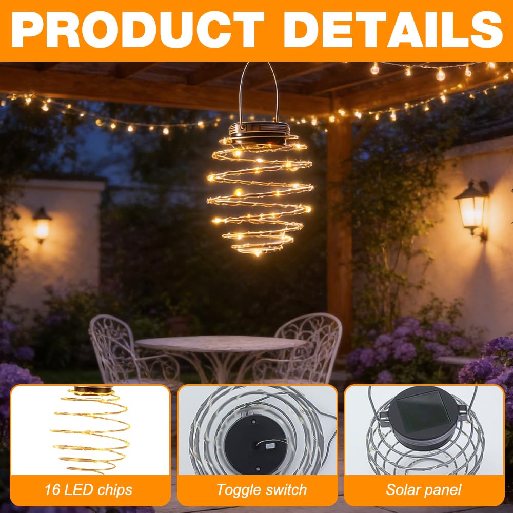 4 Piezas Farolillos Solares Exterior Colgante, IP65 Impermeable Luces Solares Exterior Jardin para Colgar en Espiral Lampara Solar Exterior Jardin con Blanca Cálida para Patio, Terraza (Luz cálida)