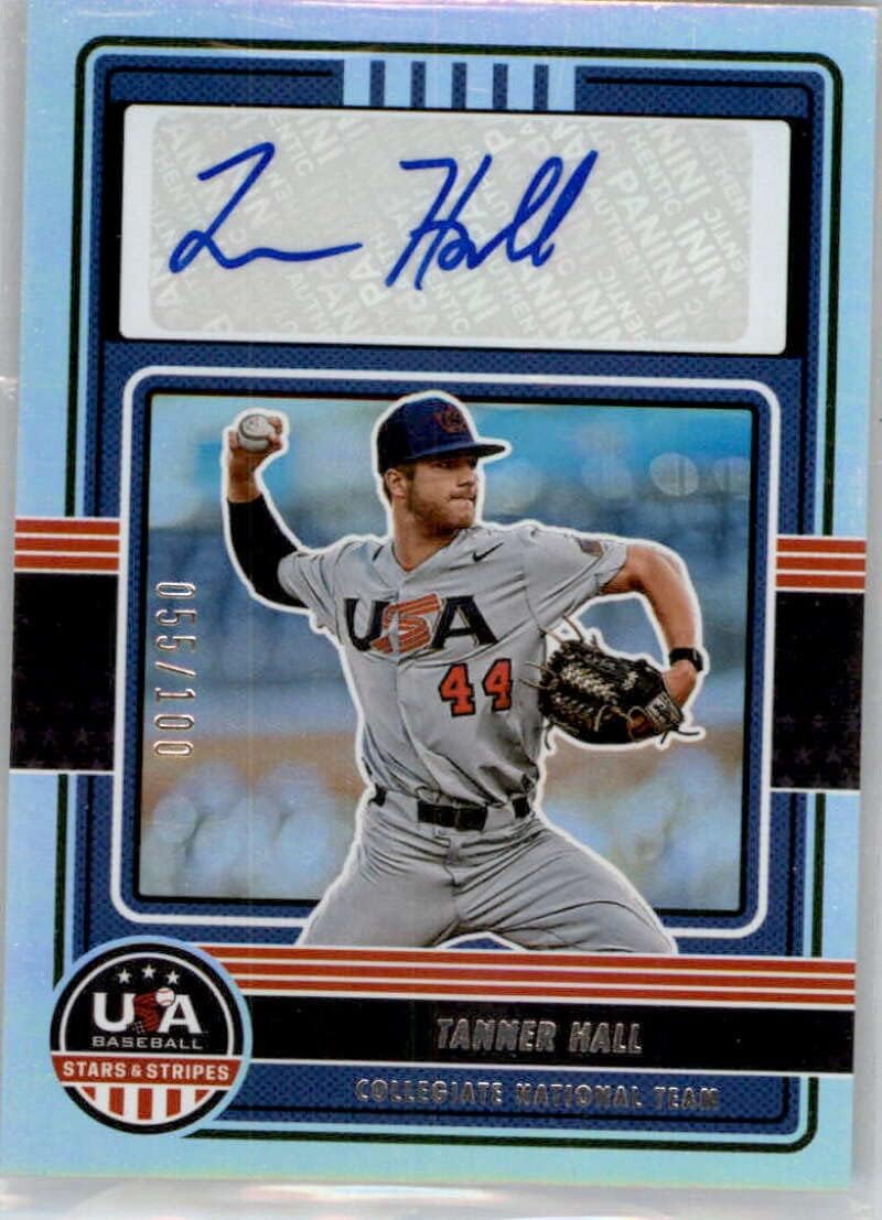 2023 Panini USA Stars and Stripes Collegiate National Team Signatures Holo #9 Tanner Hall Auto Autograph SER/100 USA Baseball Collegiate National Team Official USA Baseball Trading Card in Raw (NM or Better) Condition
