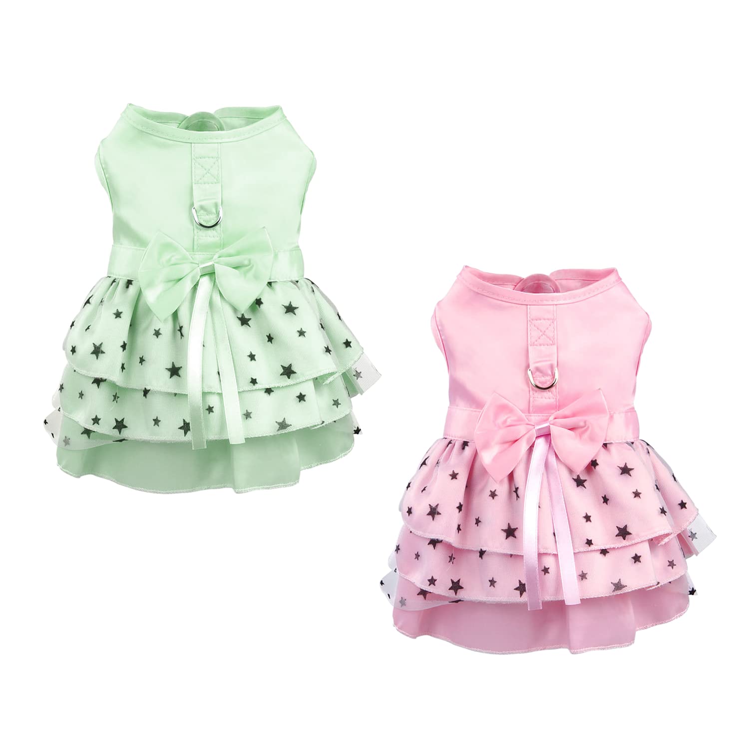 Hdwk&Hped 2-pck Small Dog Dress with Leash Ring, Pentagram Bow Multi-Layer Princess Dog Dress Puppy Cat Walking Dress Pink Green #4