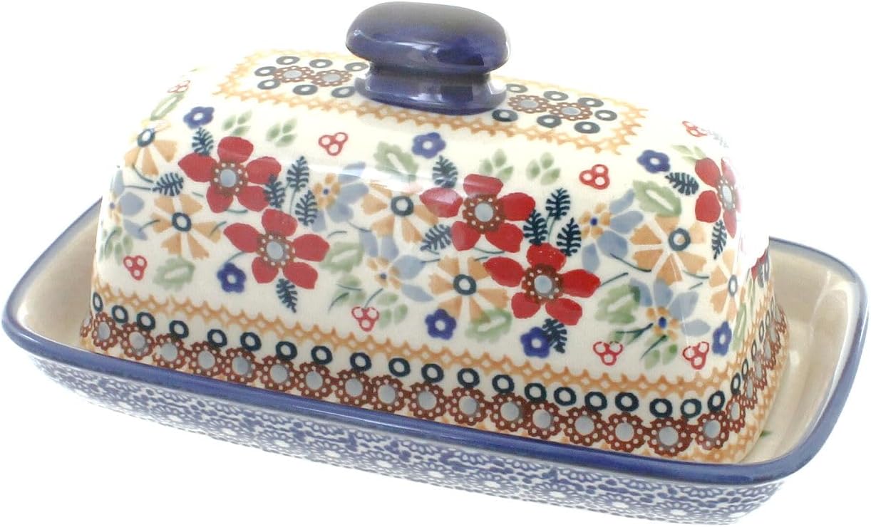 Blue Rose Polish Pottery - Red Daisy Butter Dish - Fits 1 Stick - Butter Dish for Countertop Organization and Storage