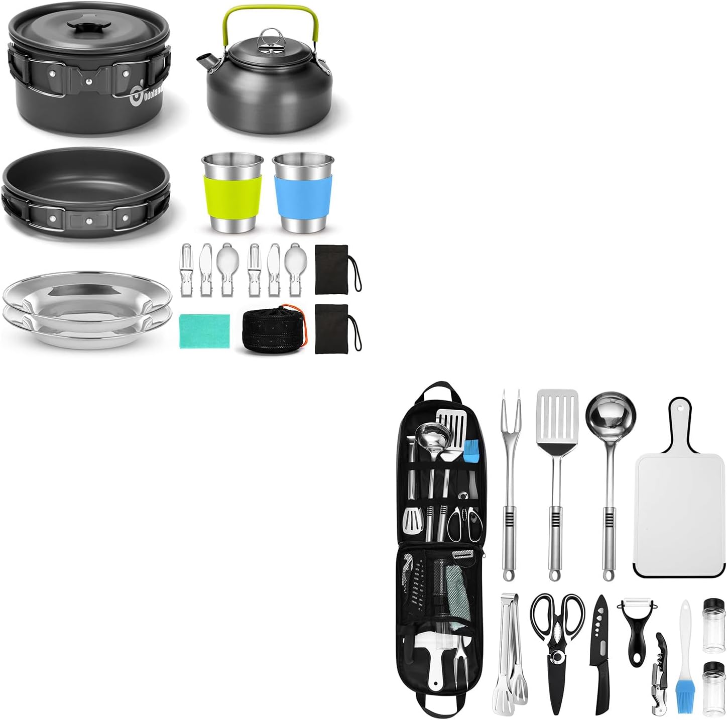 Odoland Bundle - 2 Items 15pcs Camping Cookware Mess Kit and 14pcs Camping Cooking Utensils Set