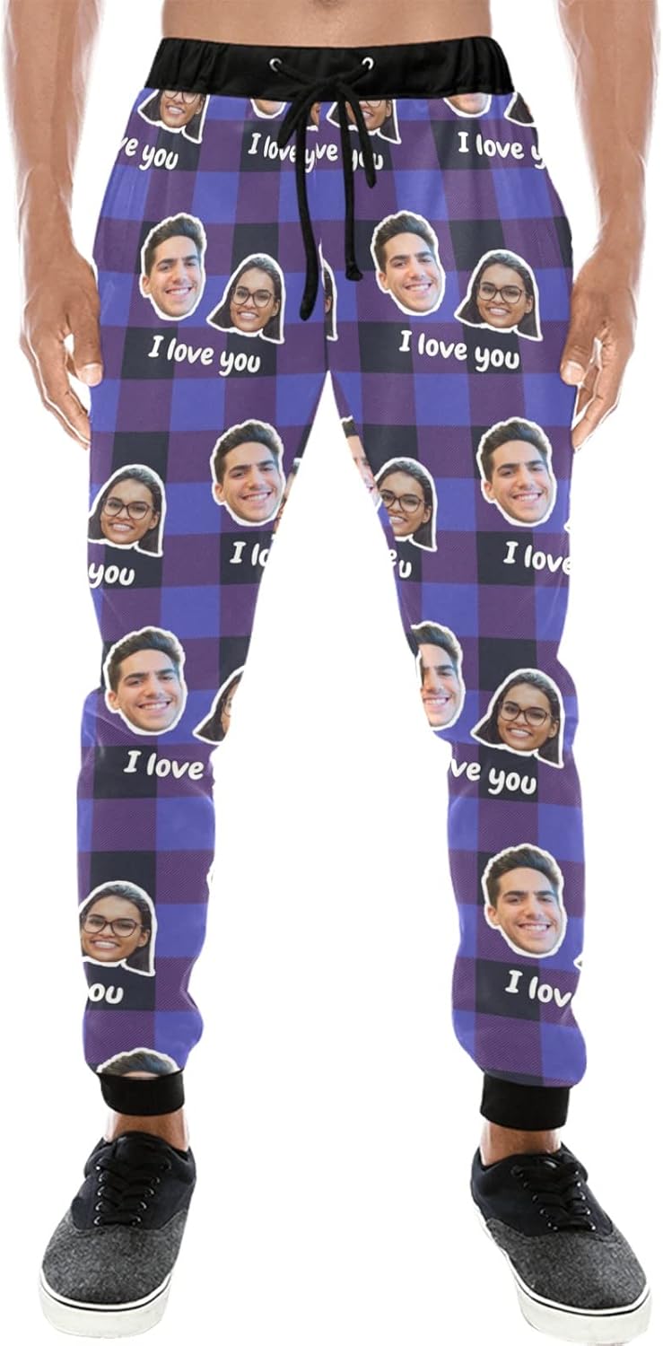 Custom Face Photo Sweatpants for Men, Personalized Plaid Joggers Pants Active Yoga Trousers, Gift for Boyfriend Husband