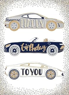 Noel Tatt General Male 'Happy Birthday' Card - Illustrated Design with Three Sports Cars - Embossed With A Gold Foil Finish - For Him