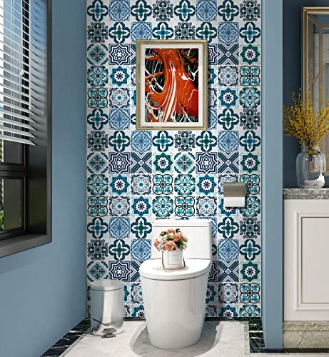 Kukantst Blue Pattern Tile Wallpaper Boho Peel And Stick Wallpaper Kitchen Oil Resistant Contact Paper Self Adhesive Waterproof Vinyl Film Decorative Backsplash Bathroom Shelf Liner 15.8"X118" #TOP2