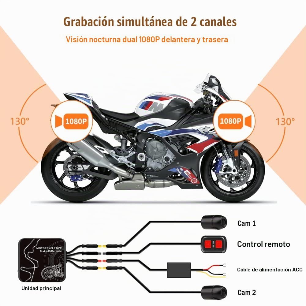 VSYSTO Dash CAM para Moto, Dashcam Cámara de Motocicleta Delantera y Trasera HD 1080P, 130° Gran Angular Cámara Deportiva a Prueba de Agua con WiFi, WDR, Sensor G, Visión Nocturna