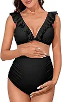 Biquíni de duas peças de cintura alta para gestantes, roupa de banho floral com decote em V para gravidez