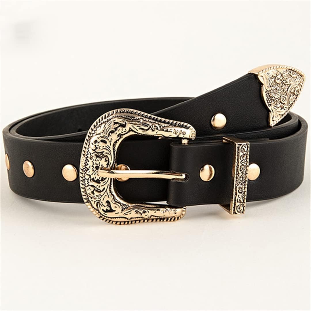 Mkjuuior Rivet Decorative Belts for Women White Western Cowboy Buckle Pin Pu Leather Belt Girls Jeans Waistband