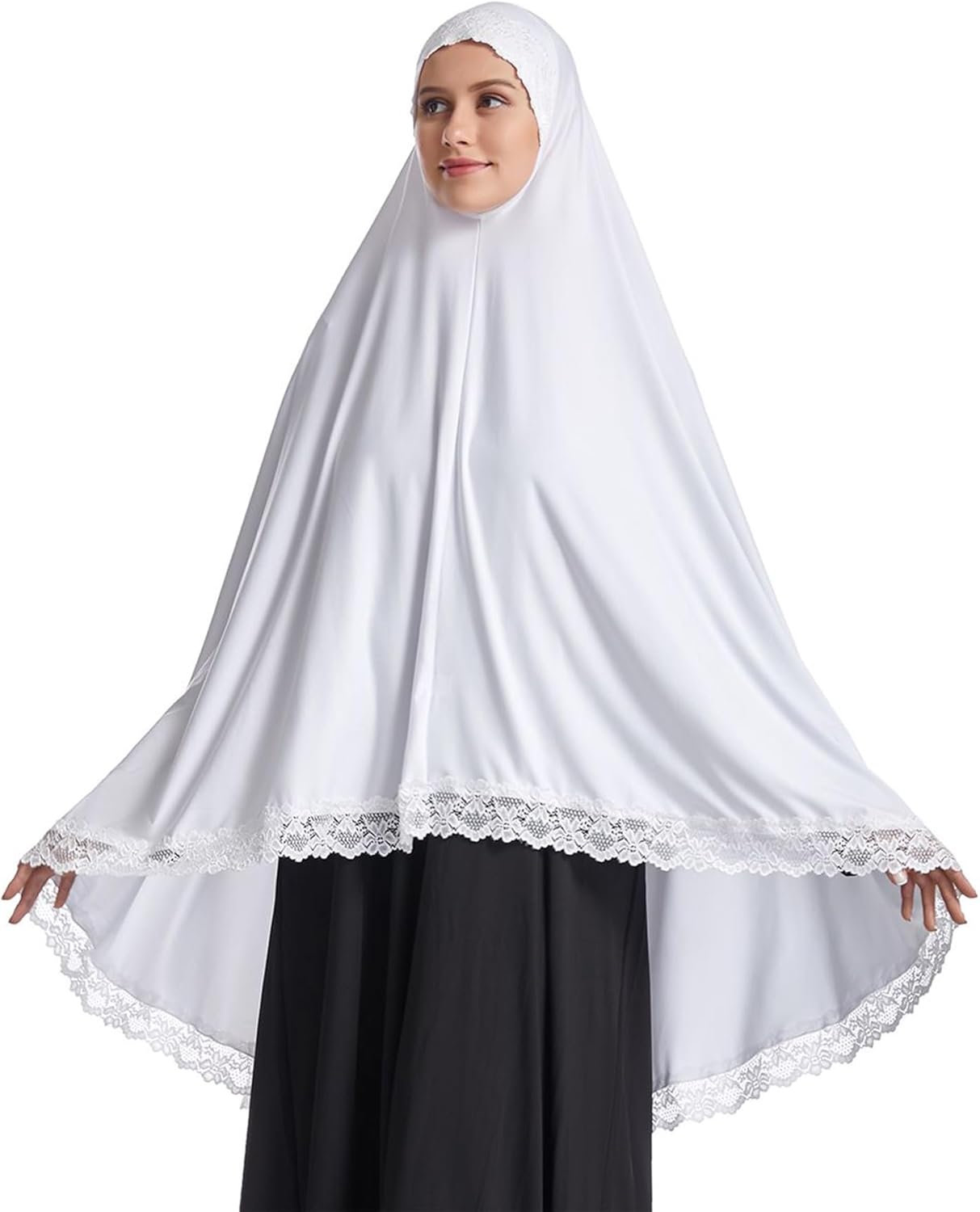 Muslim Women's Instant Big Hijab Jersey Turbans Khimar Abaya Soft Prayer Scarf, 1pc Lace - Image 6