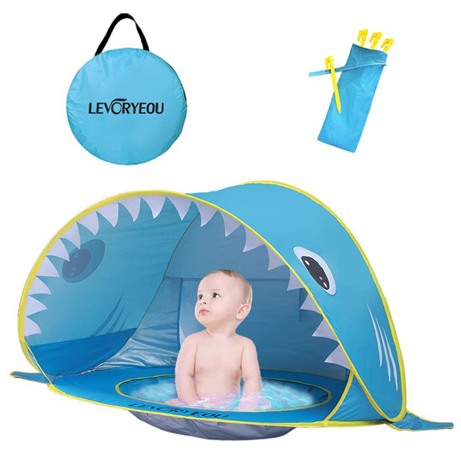 Balakaka Tienda Playa Bebe Pop up con Piscina, 115 * 65 * 70cm Tiburón Tienda de Bebé Anti UV 50+, Plegable Portátil Tiendas de Campaña para Playa Jardín, Azul